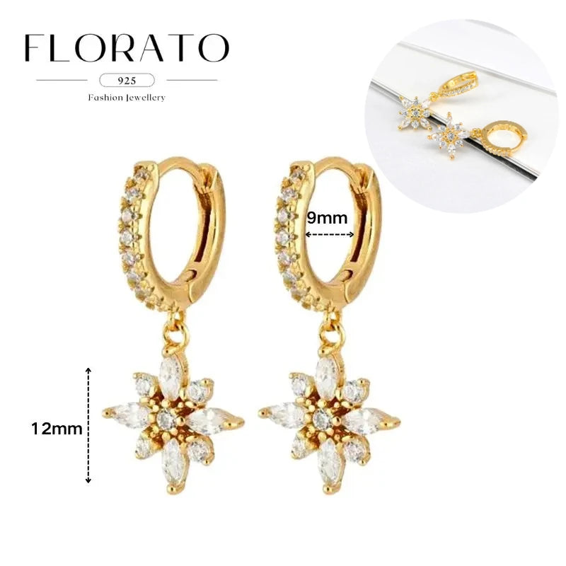 WOMEN 925 Silver Needle Water Drop Geometric Zircon White Zircon Crystal Flowers Pendant Hoop Earrings Fashion Wedding Jewelry