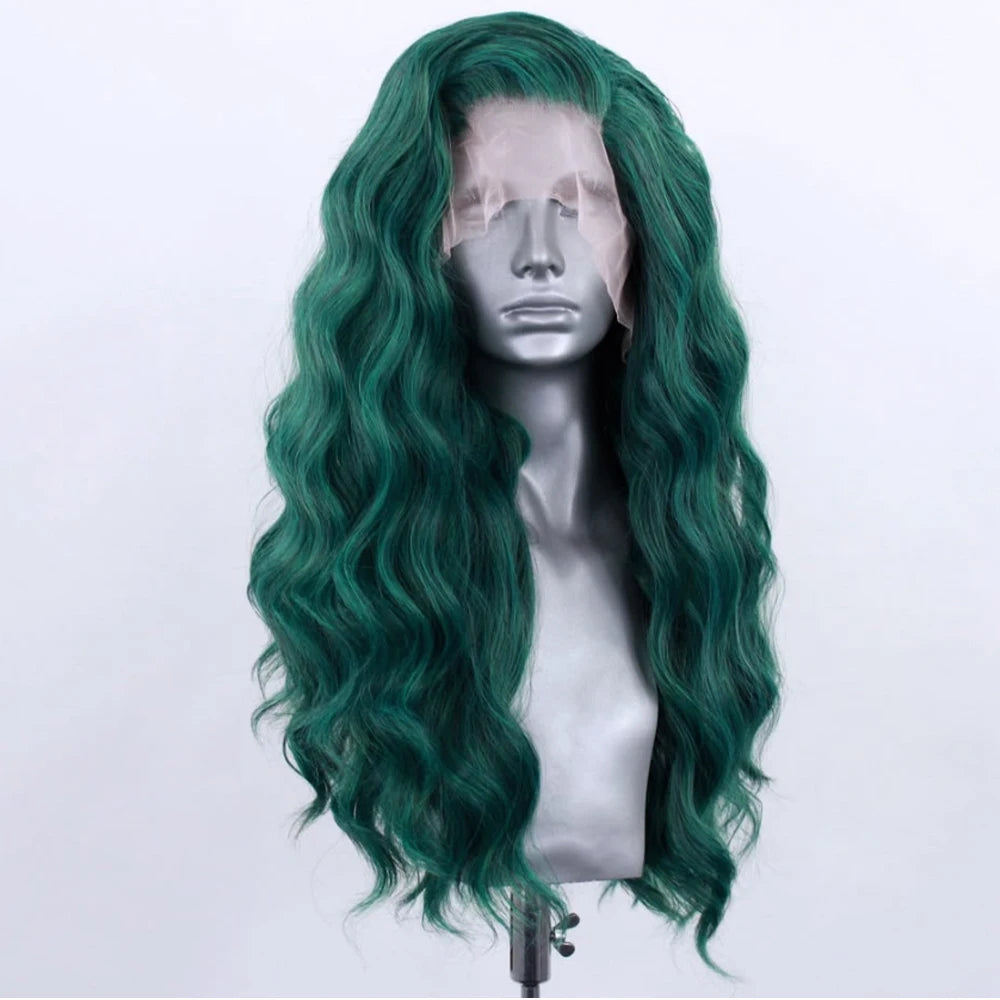 Dark Green Wig Long Curl Wig Synthetic Lace Front Wig Natural Wave Lace Wigs for Women Dailly Use Cosplay Loose Curly Wig Party