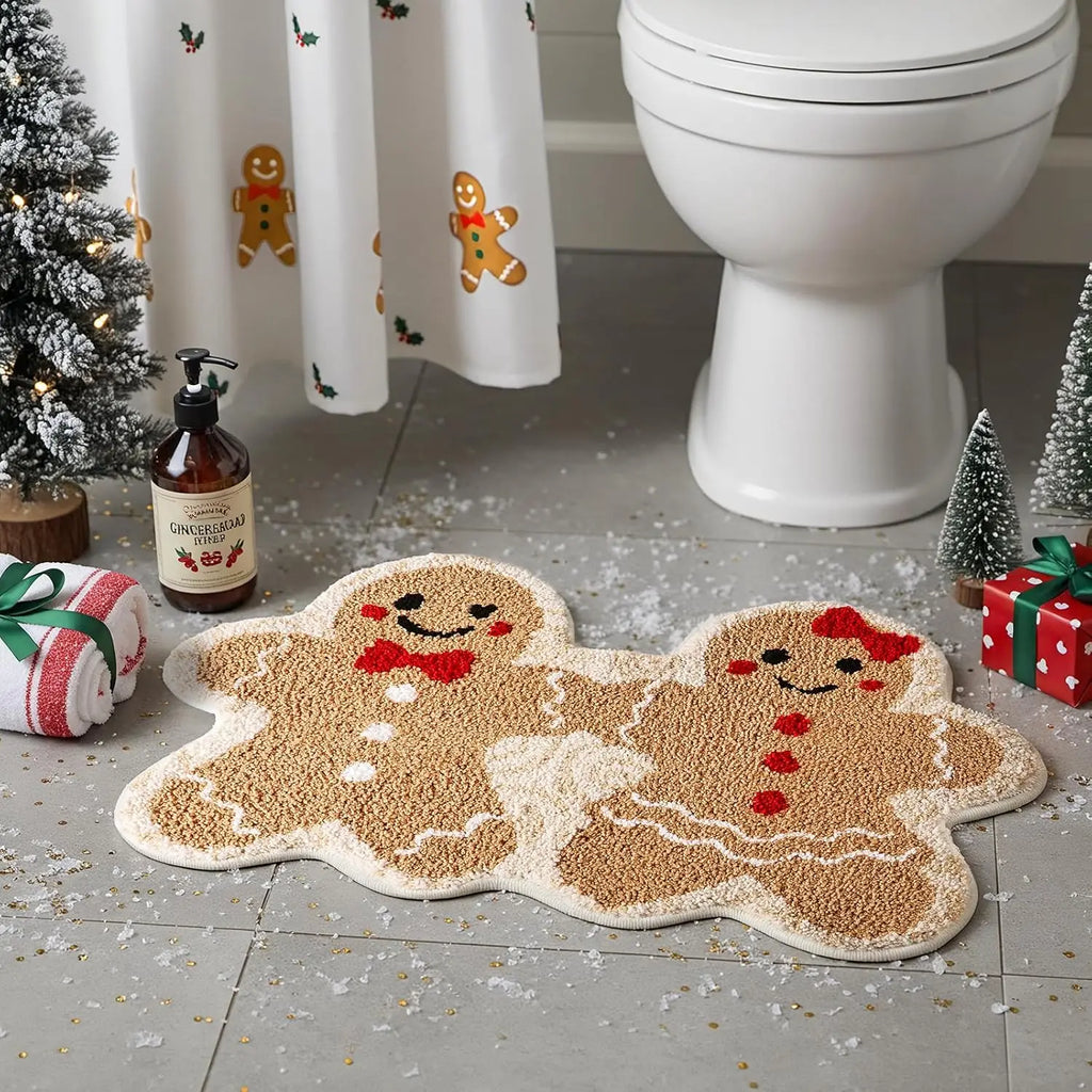 VIKAMA Christmas Gingerbread Man Couple Carpet Bedroom Soft Comfortable Foot Pad Bathroom Non Slip Absorbency  Mat Home Decor