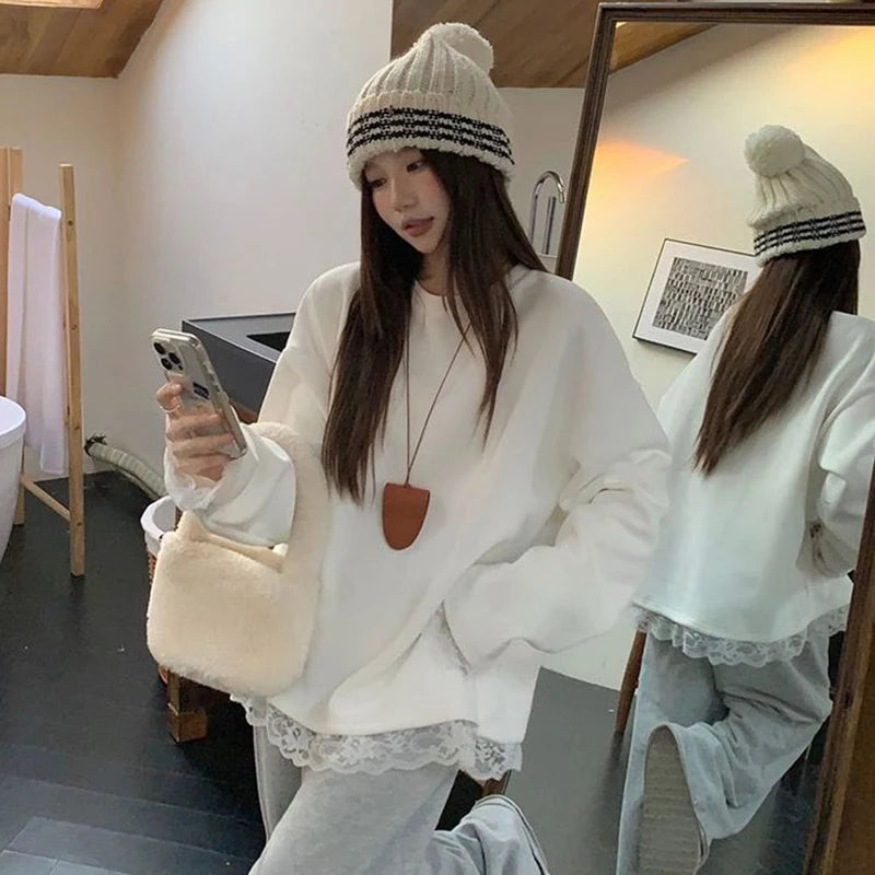 Chic Lace Patchwork Long Sleeve T Shirt Women Loose Warm White O Neck Tops Korean Fashion Office Ladies Casual V Neck Tees New