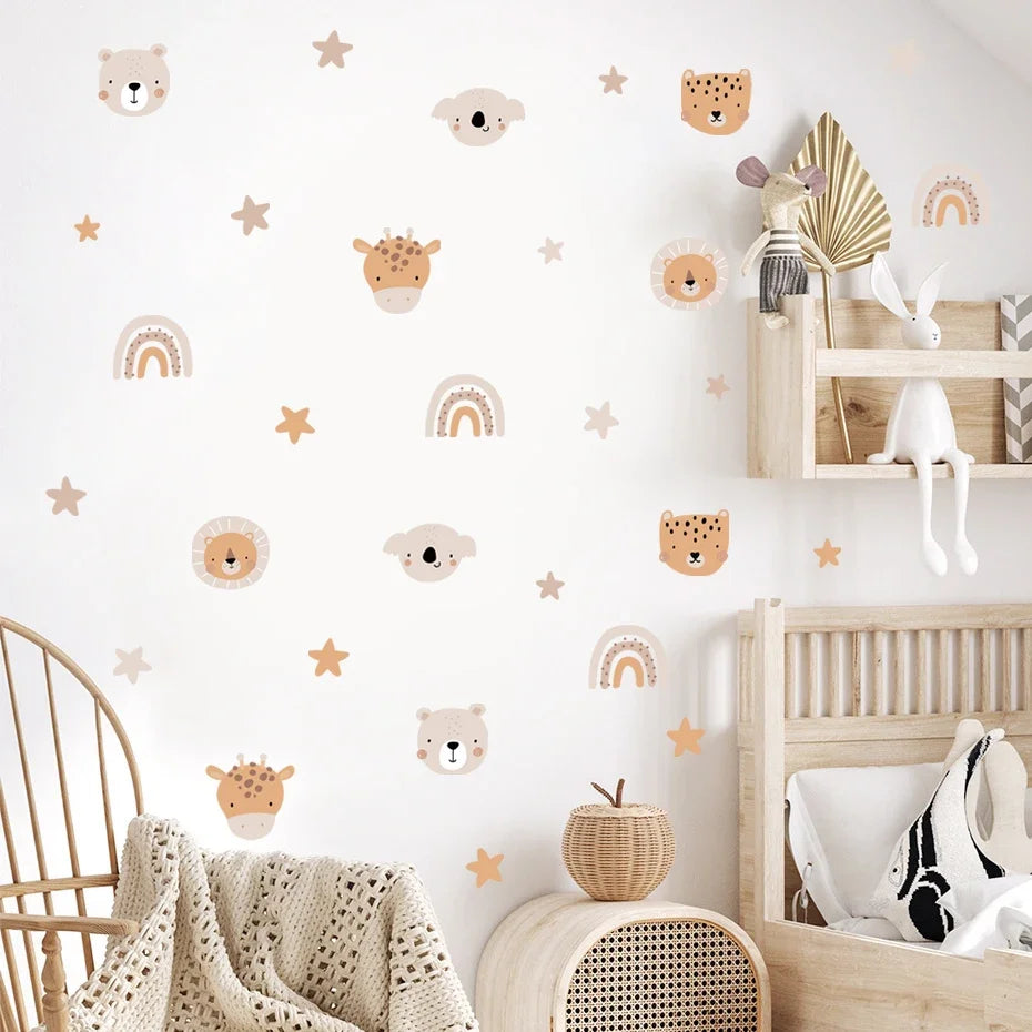 Boho Rainbow Bear Nursery Wall Decals | Cute Cartoon Animals & Stars Kids Room Stickers | Girls Bedroom Home Decor