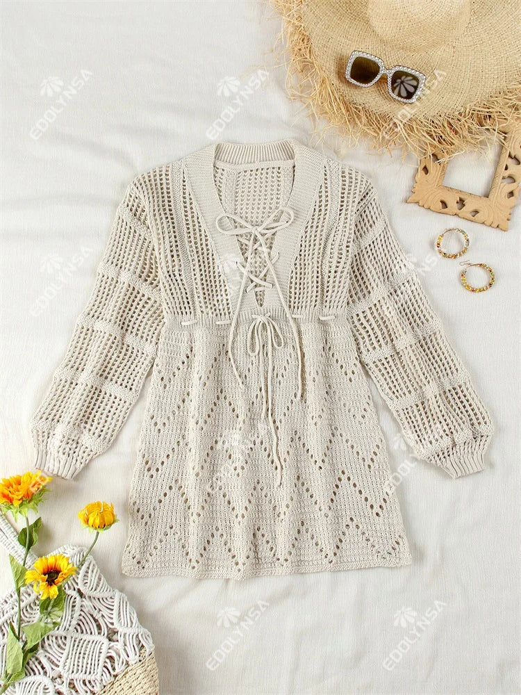 Sexy Deep V-neck Lace-up Bell Sleeve Knit Mesh Hollow Out Beach Mini Dress 2026 Summer Swimsuit Cover Up Women Casual Tunic K14