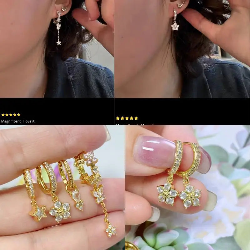WOMEN 925 Silver Needle Water Drop Geometric Zircon White Zircon Crystal Flowers Pendant Hoop Earrings Fashion Wedding Jewelry