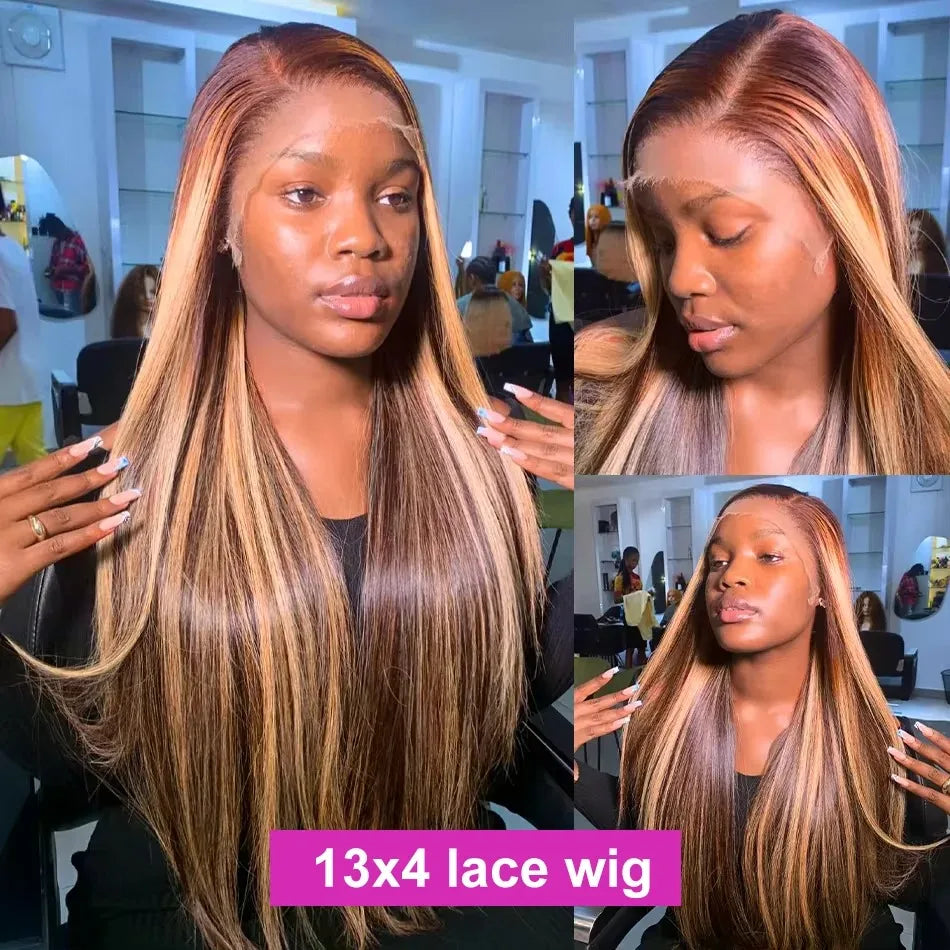 Highlight Colored Straight Lace Front Human Hair Wigs Honey Blonde 13X4 13x6 HD Transparent Lace Frontal Wigs For Black Women