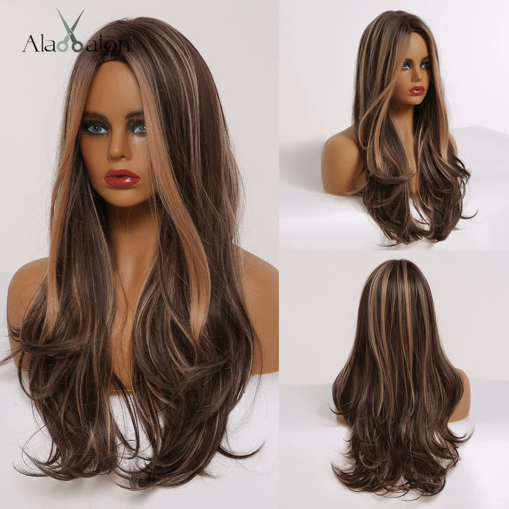 ALAN EATON Long Wavy Synthetic Wigs Ombre Black Pink Wigs for Women Cosplay Natural Middle Part Hair Wig High Temperature Fiber