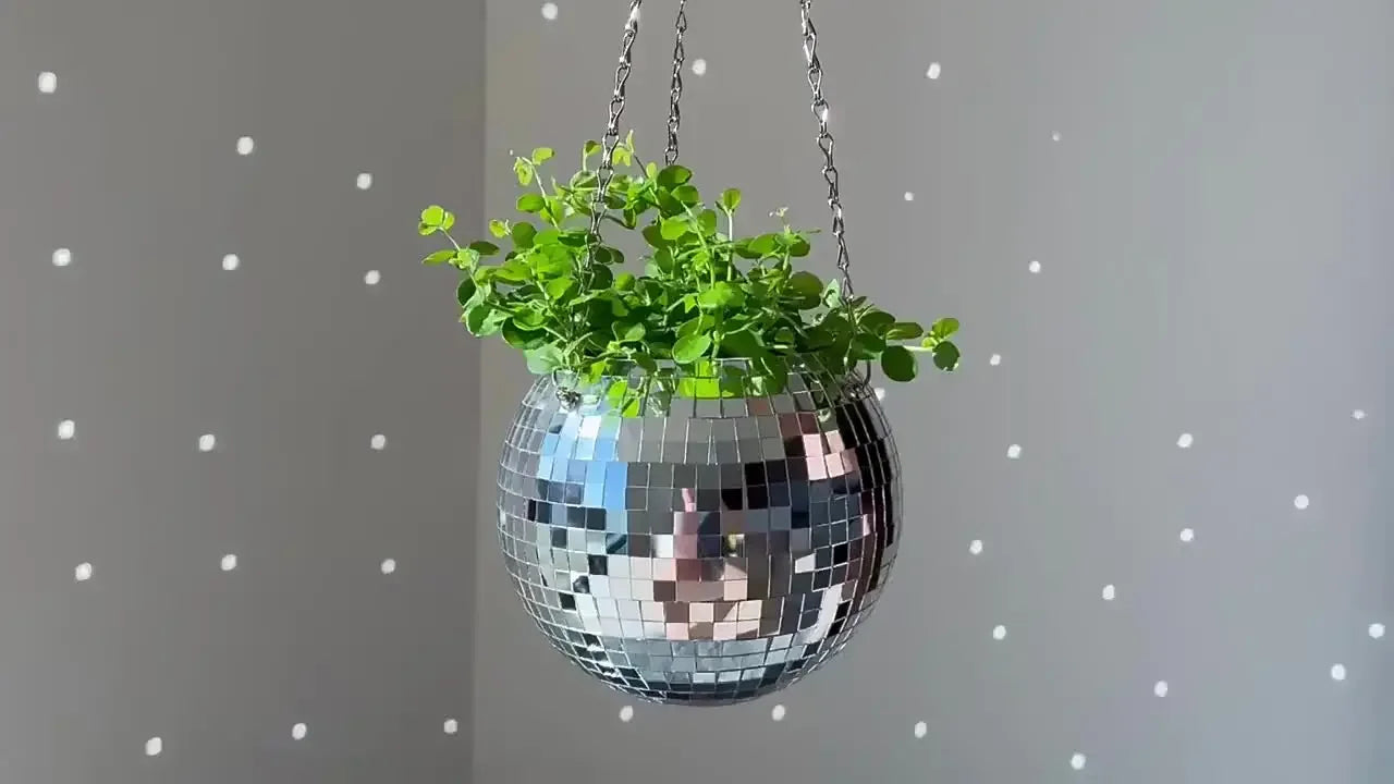 Disco Ball Hanging Flower Planter - Bohemian Rope Mirror Basket for Indoor Plants, Garden & Home Decor Vase