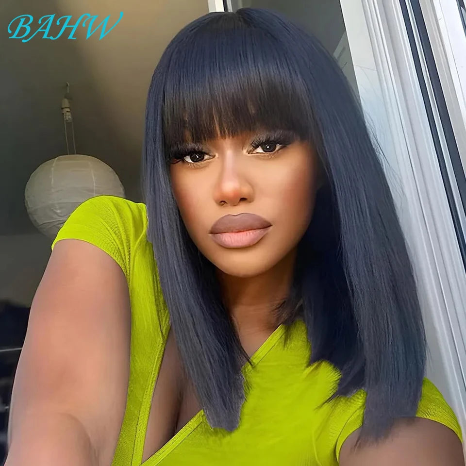12A Malaysia Short Bob Wig With Bang Straight Bob Wig 100% Human Hair Wig Virgin Full Machine Made Wig For Women Cheap Bob Wigs
