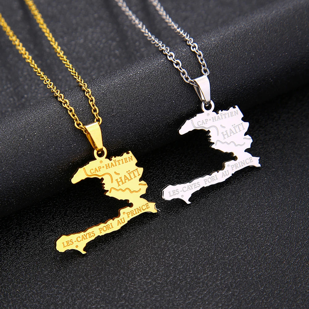 Haiti Map Pendant Necklace – Stainless Steel Ayiti Country Jewelry for Men & Women