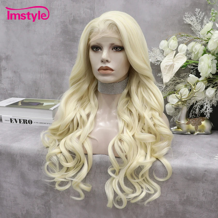 Imstyle Platinum Blonde Wig Long Synthetic Lace Front Wig Natural Wavy Wig For Women Heat Resistant Fiber Cosplay Wigs