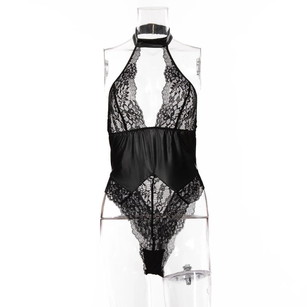 S-XXL Halter Backless Lace Transparent Swimsuit Tight Faux PU Leather High Cut Thong Bodysuit Sexy Clubwear Body Teddies Leotard