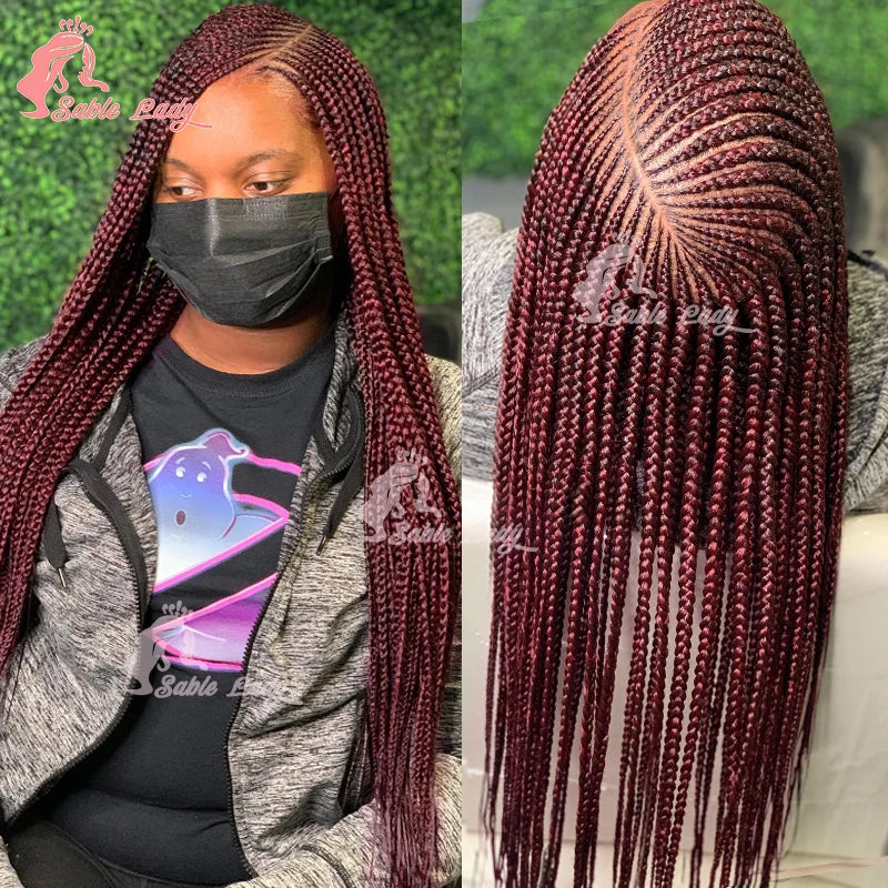36" Full Lace Cornrow Braided Wigs Synthetic Burgundy Red Knotless Box Braids Wig Godness Side Part Braided Wigs for Black Women