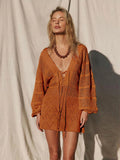 Sexy Deep V-neck Lace-up Bell Sleeve Knit Mesh Hollow Out Beach Mini Dress 2026 Summer Swimsuit Cover Up Women Casual Tunic K14