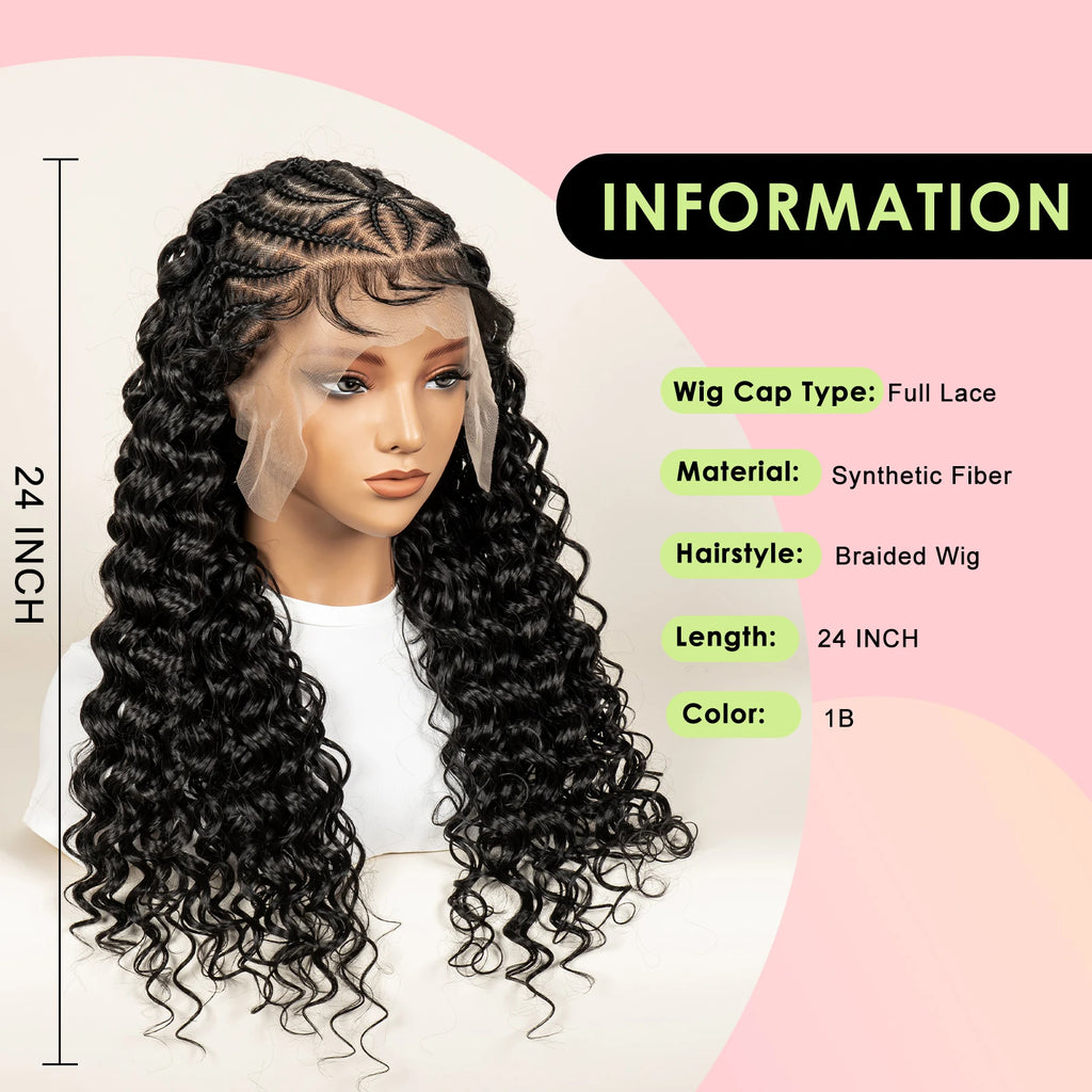 Pre-Styled Deep Wave Braided Wig | Swiss Lace | Baby Hair | Half Cornrow | Women's Braid Wig