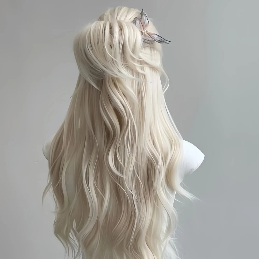 Ashely Wig White Blonde Wig for Women Long Wavy Hair Heat-resistant White Wisg with Bangs Lolita Synthetic Wigs 가발