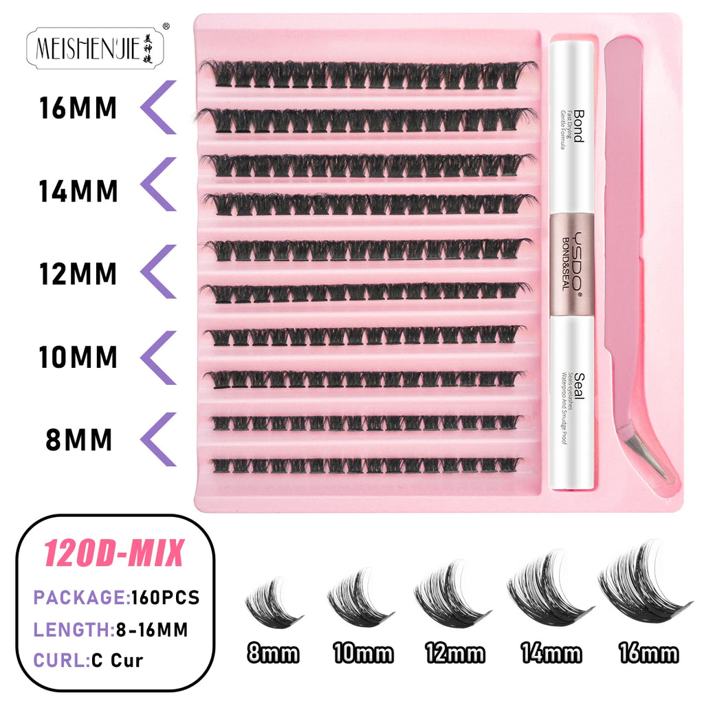 New 10Rows Individual Lashes Kit Natural Long DIY Cluster Eyelashes with Lash Bond and Seal Extension Kit Makeup Tools Faux Cils