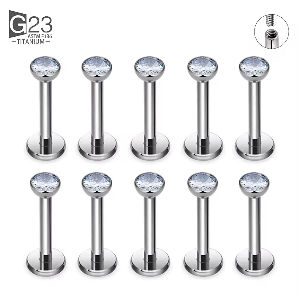 10Pc/50Pc G23 Ttianium Labret Ear Lip Stud Jewelry Square CZ Stone Cartilage Tragus Earring Tongue studs Threaded Body Jewelry