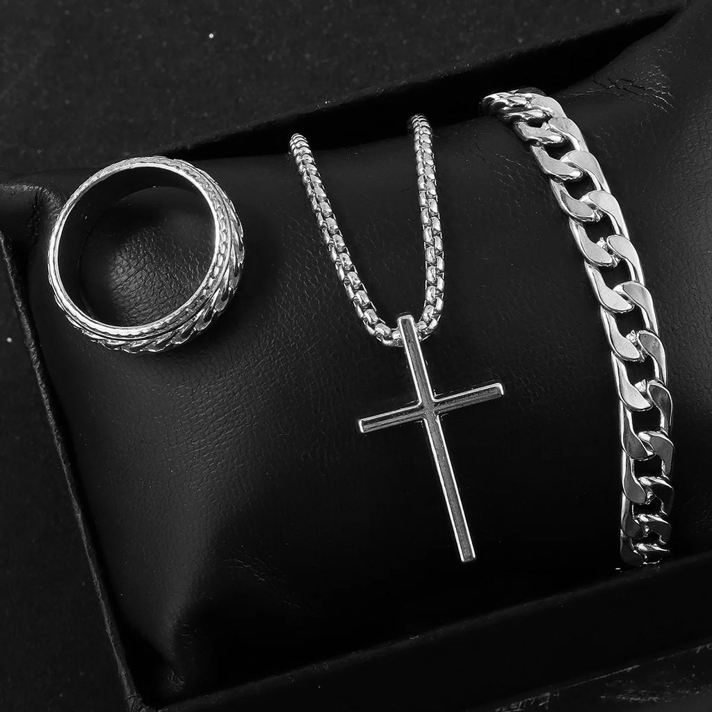 Hip Hop Fashion Cross Pendant Necklace Bracelet Chain Ring Men's Set Simple Personality Party Three Piece Jewelry Accessories