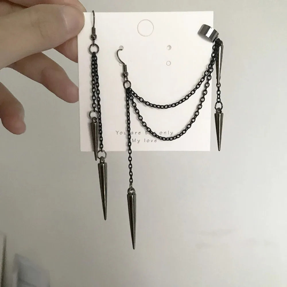 New Fashion Creative Trend Men's Retro Black Tassel Long Chain Punk Earrings Hip Hop Rivets Earrings Female Gothic Party Jewelry