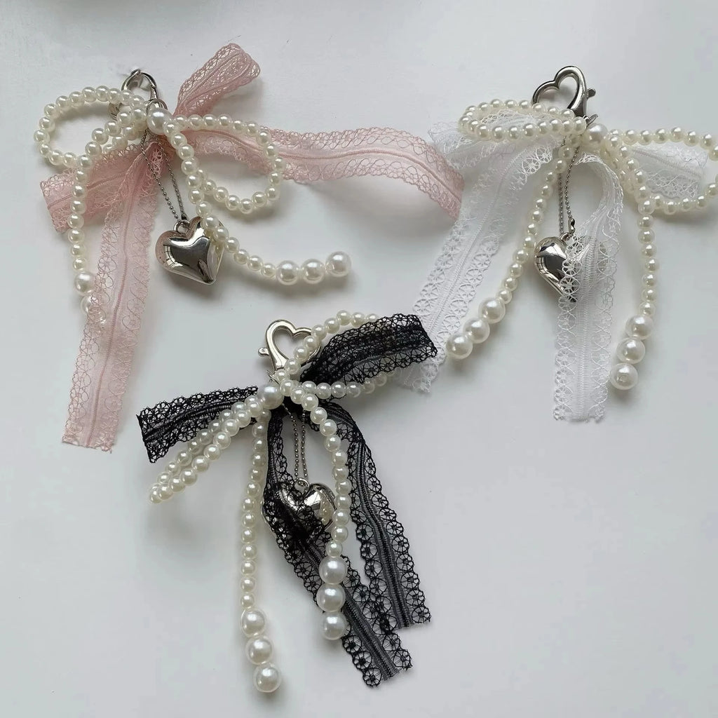 Y2k Imitation Pearls Lace Bowknot Keychain Sweet Beaded Pendant Keyring for Women Handbag and Backpack Key Chain Punk Ornament