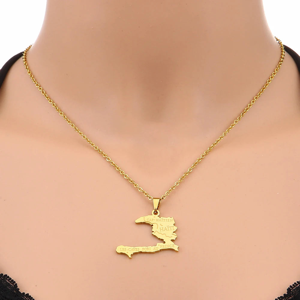 Haiti Map Pendant Necklace – Stainless Steel Ayiti Country Jewelry for Men & Women
