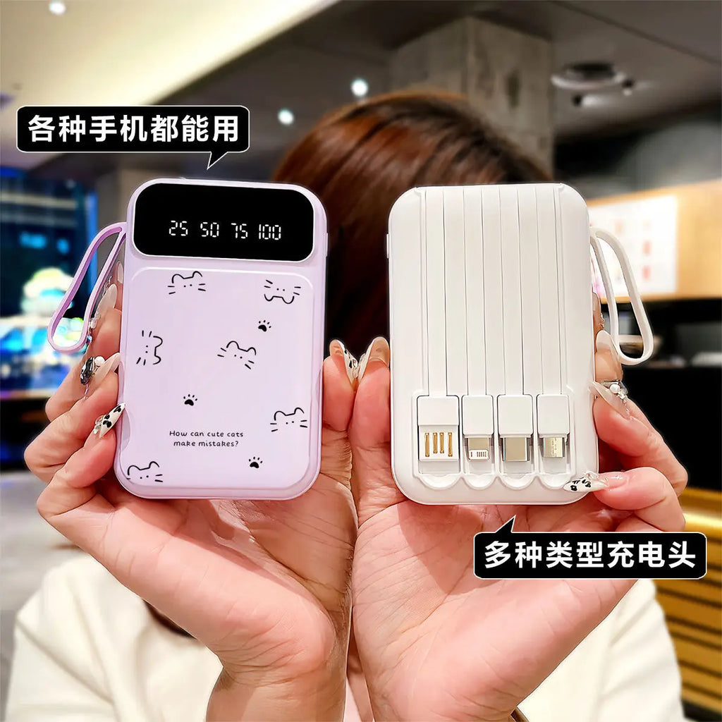 Cat-Shaped Power Bank – 20000mAh Fast Charging Portable Charger with Built-in Cable