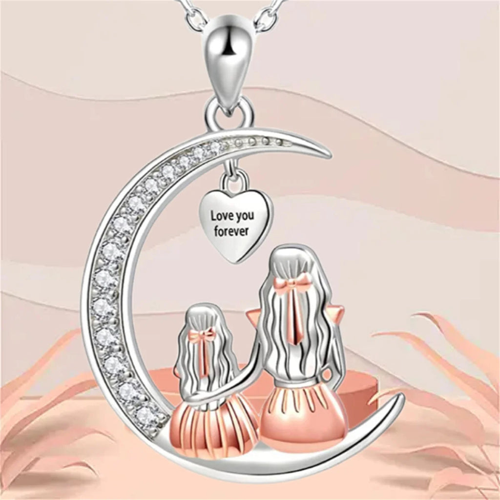 Fashion Mom Daughter Moon Pendant Necklace Love You Forever Heart Necklaces Mothers Day Jewelry Gifts