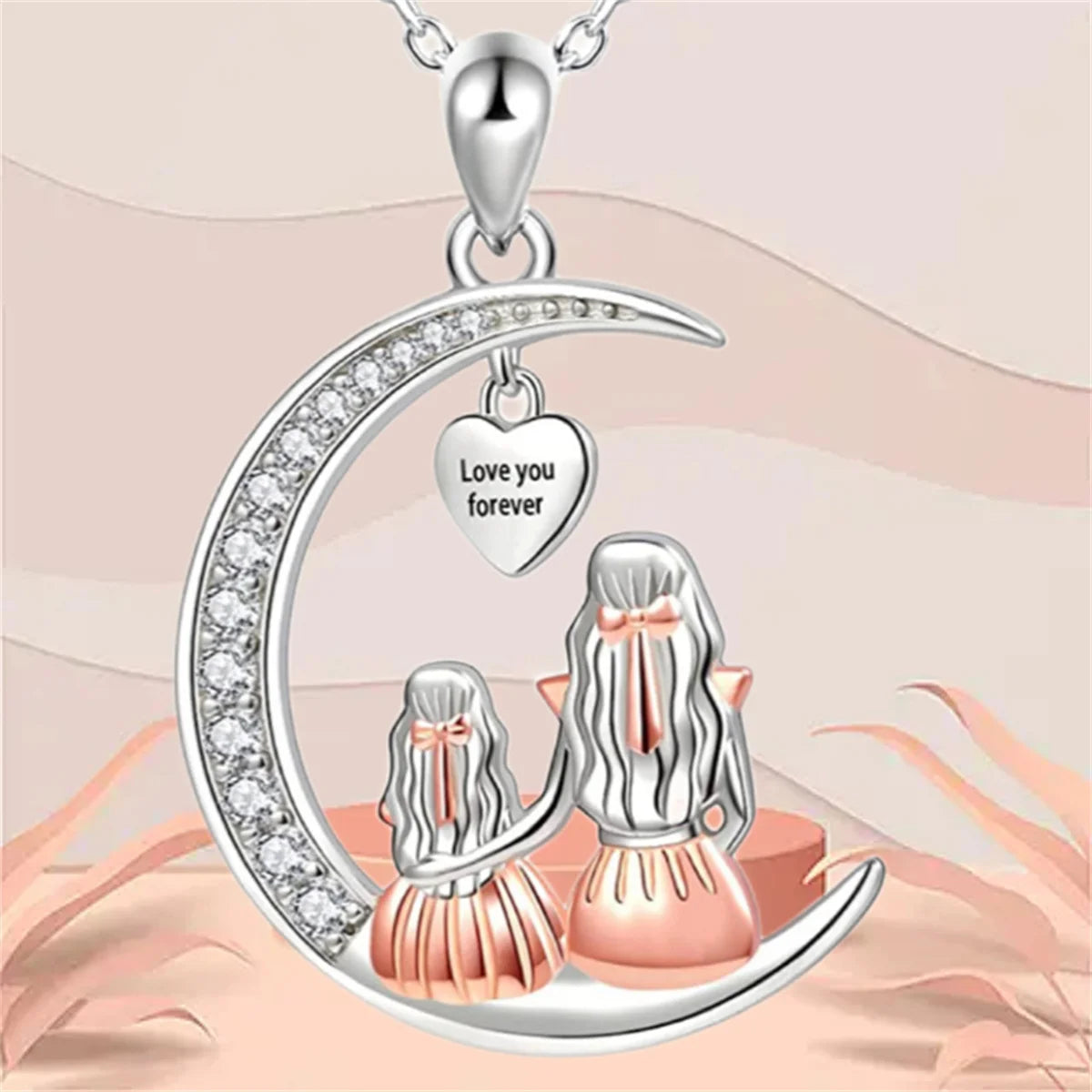 Fashion Mom Daughter Moon Pendant Necklace Love You Forever Heart Necklaces Mothers Day Jewelry Gifts