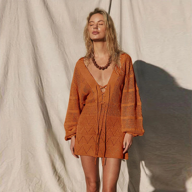 Sexy Deep V-neck Lace-up Bell Sleeve Knit Mesh Hollow Out Beach Mini Dress 2026 Summer Swimsuit Cover Up Women Casual Tunic K14