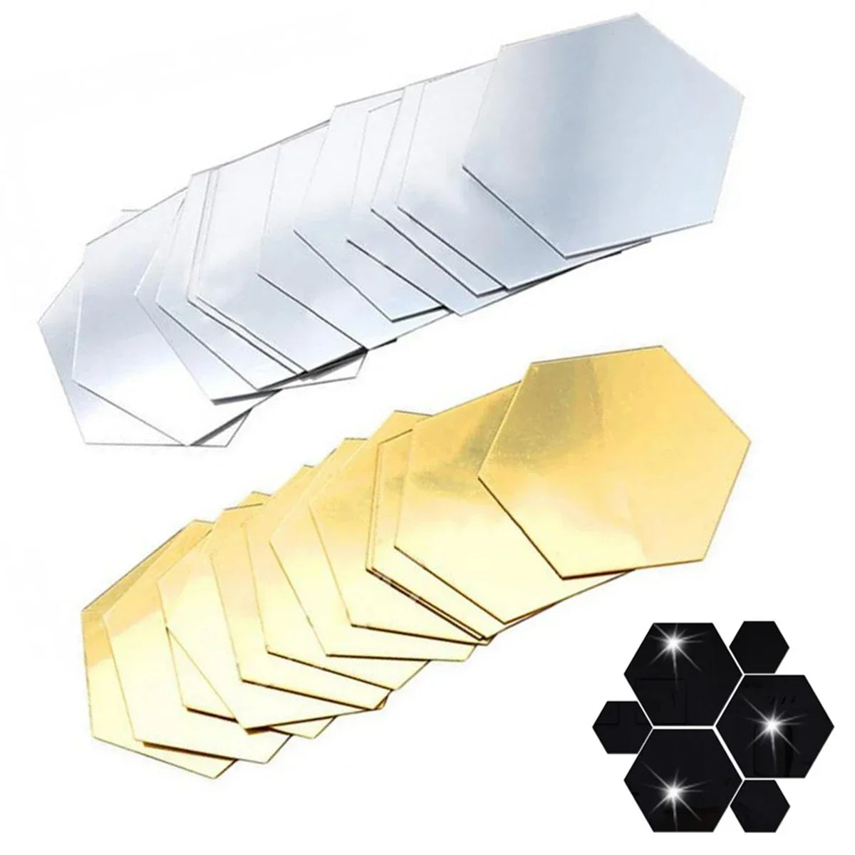3D Hexagon Mirror Wall Stickers | 12pcs Acrylic DIY Removable Decal | Silver Gold Black Living Room Home Decor Art