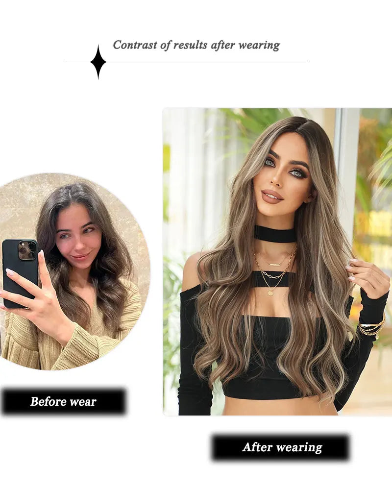 NAMM Long Wavy Honey Brown Wig Mid Split Highlight Beige Natural Synthetic Wig for Women Daily Party Cosplay Wigs Heat Resistan