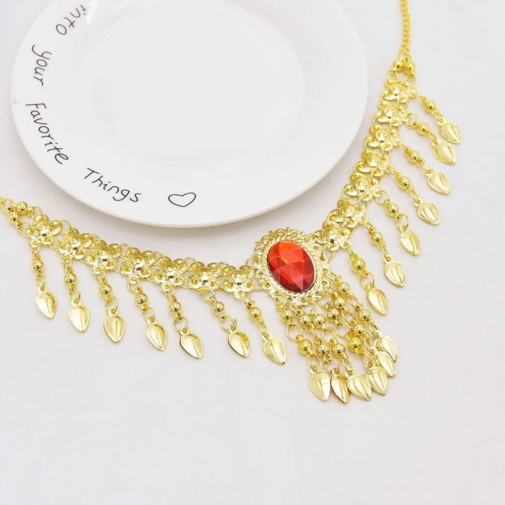 Indian Belly Dance Jewelry Set – Crystal Bell Tassel Necklace, Earrings, Bracelet & Hair Accessories