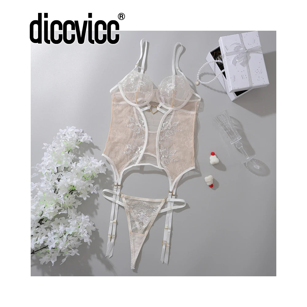 Embroidered Floral Lace Bodysuit Lingerie Set – Sexy Bra & Brief Underwear