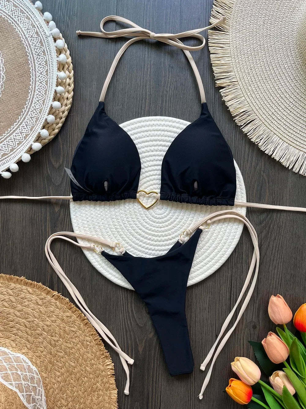 Sexy Halter Solid color Bikini Set Women's Swimsuit Two-piece Triangle Thong Swimwear Bathing Suit Brazilian Biquinis