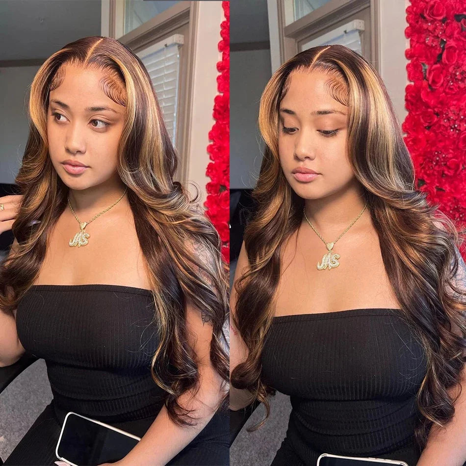 Highlight Body Wave 13x6 Lace Frontal Wig For Women 4/27 Brown Colored 13x4 Transparent Lace Front Human Hair Wig Pre Plucked