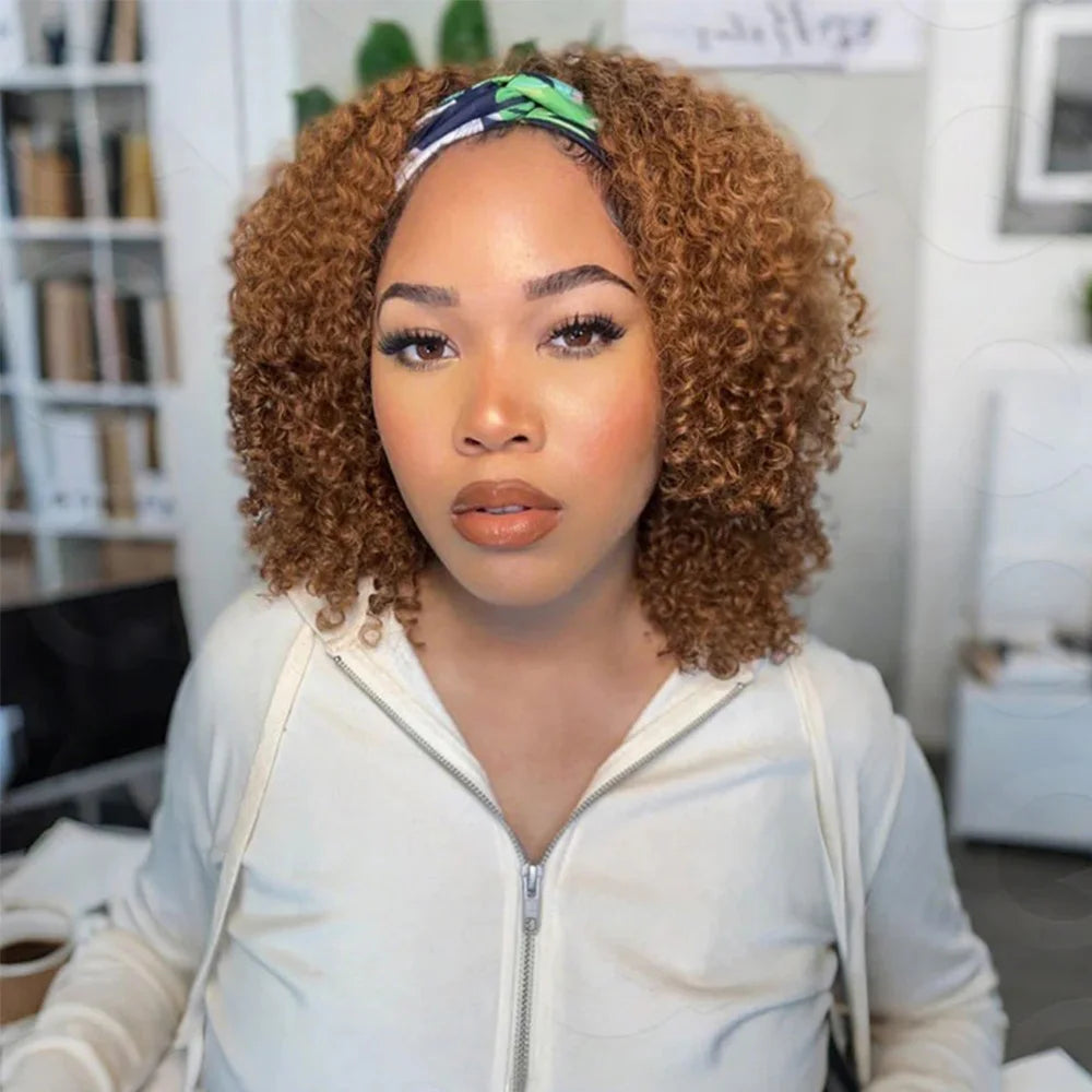 Auburn Brown Color 3 IN 1 Kinky Curly Half Wig Human Hair Clip-in Upgrade Glueless Wig Machine Made Invisible Hairline