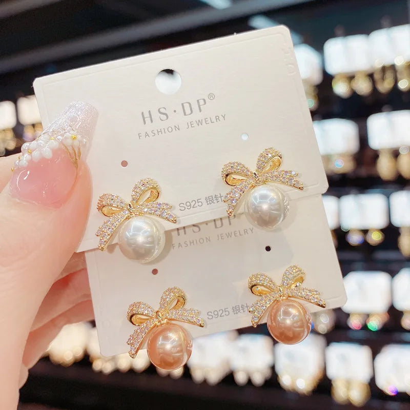 Sparkling Rhinestone Bow Pearl Stud Earrings Light Luxury Fashion Jewelry Women Gifts Wedding Birthday