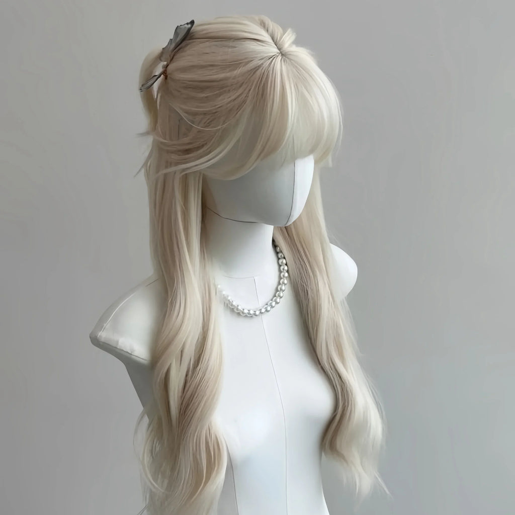 Ashely Wig White Blonde Wig for Women Long Wavy Hair Heat-resistant White Wisg with Bangs Lolita Synthetic Wigs 가발