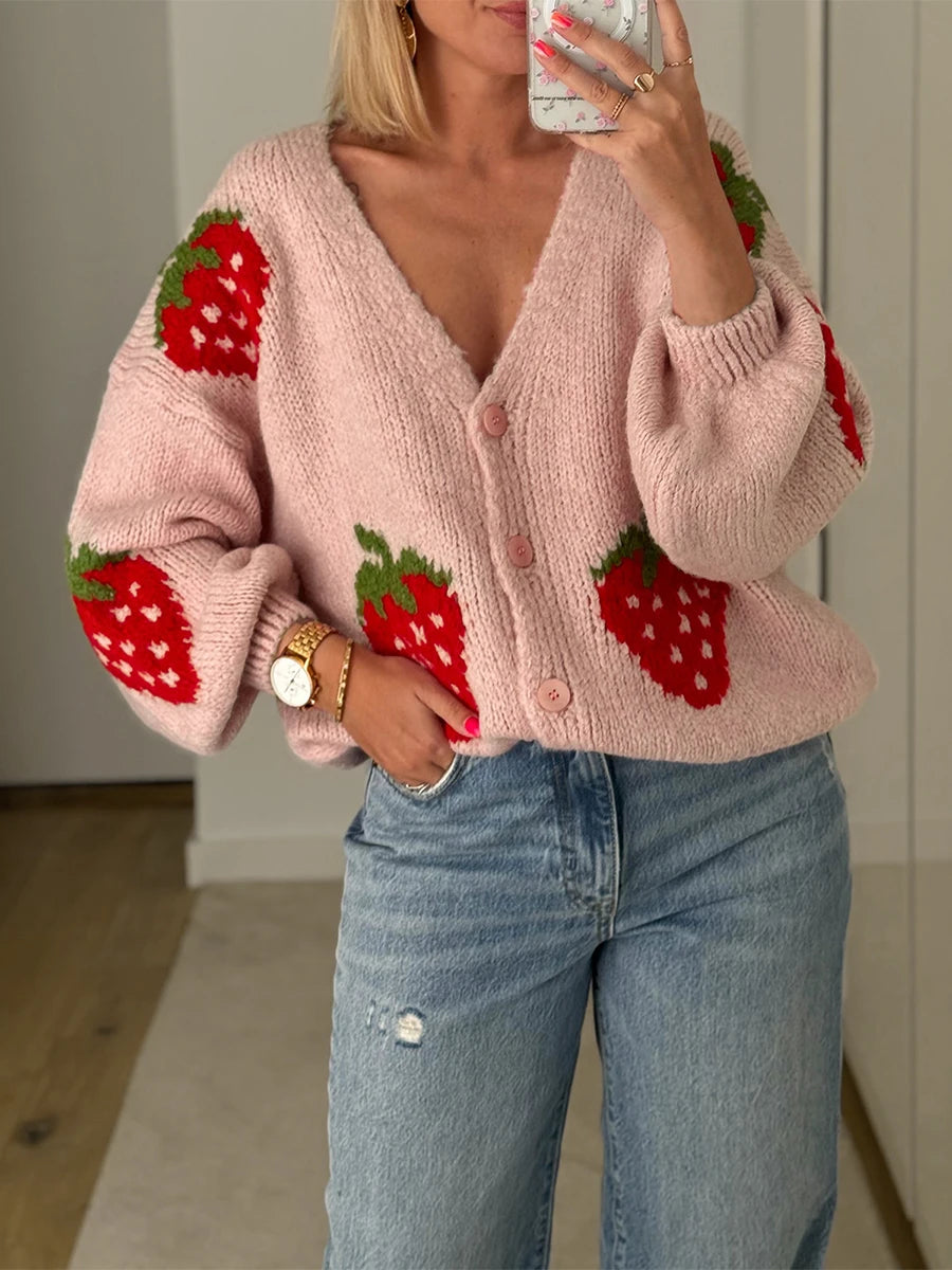 Women's Strawberry Knitted Cardigan – Button Closure Long Sleeve Fall Sweater Jacket