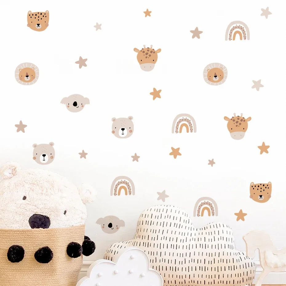 Boho Rainbow Bear Nursery Wall Decals | Cute Cartoon Animals & Stars Kids Room Stickers | Girls Bedroom Home Decor