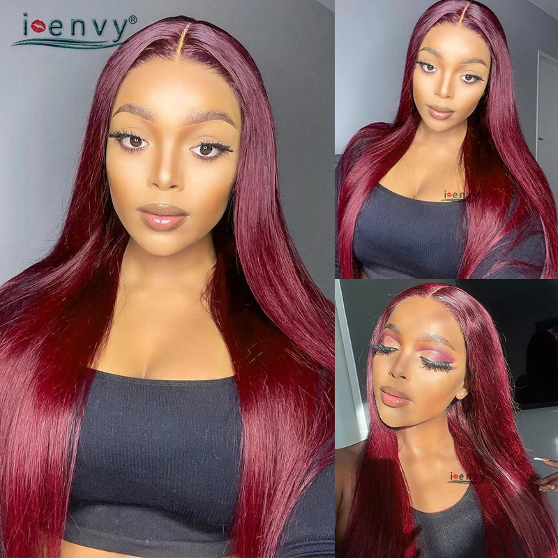 Ginger Blonde Lace Front Wigs Wear & Go 28inch Peruvian 13*1 Part Lace Front Human Hair Wig Remy 180% Colored Lace Wig Burgundy