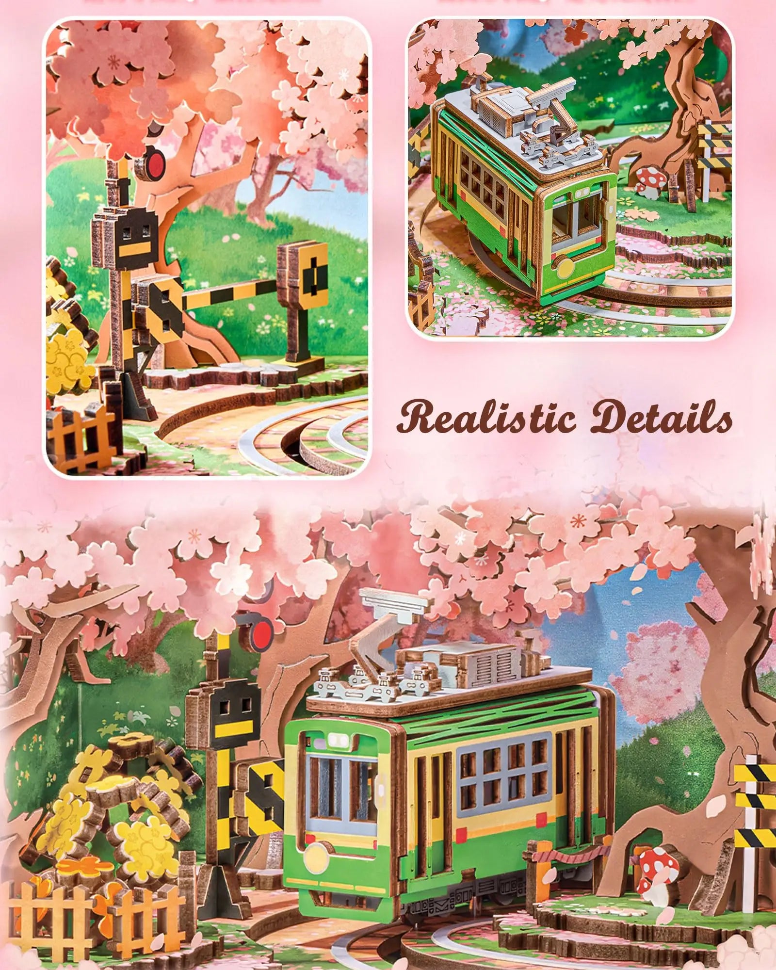 Robotime Rolife Sakura Dreamy Tour 3D Wooden Puzzle Music Box | LED Light & Moving Tram | Therapeutic DIY Gift for Teens & Adults