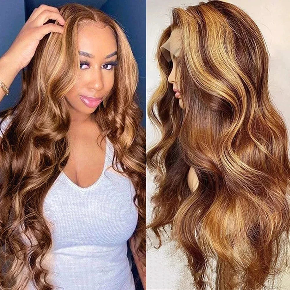 Highlight Body Wave 13x6 Lace Frontal Wig For Women 4/27 Brown Colored 13x4 Transparent Lace Front Human Hair Wig Pre Plucked