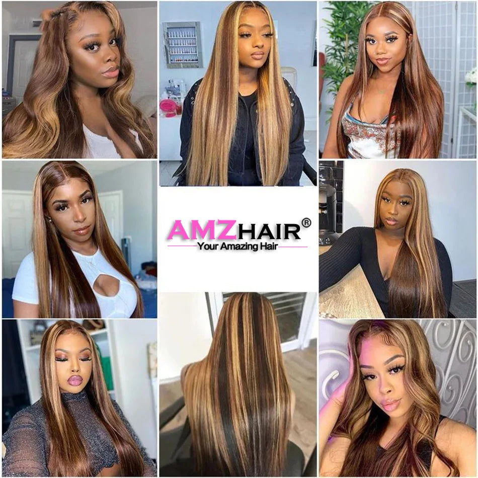 Highlight Colored Straight Lace Front Human Hair Wigs Honey Blonde 13X4 13x6 HD Transparent Lace Frontal Wigs For Black Women