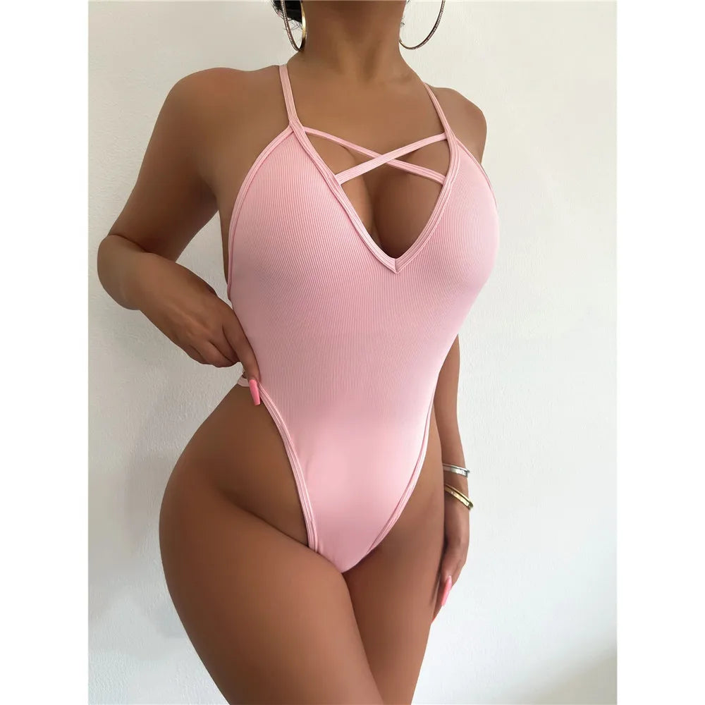Pink Swimsuit Cross String Backless Micro Bikini Extreme BeachWear One-Piece Monokini Bandage Sexy Women Bathing Suits Swimwears