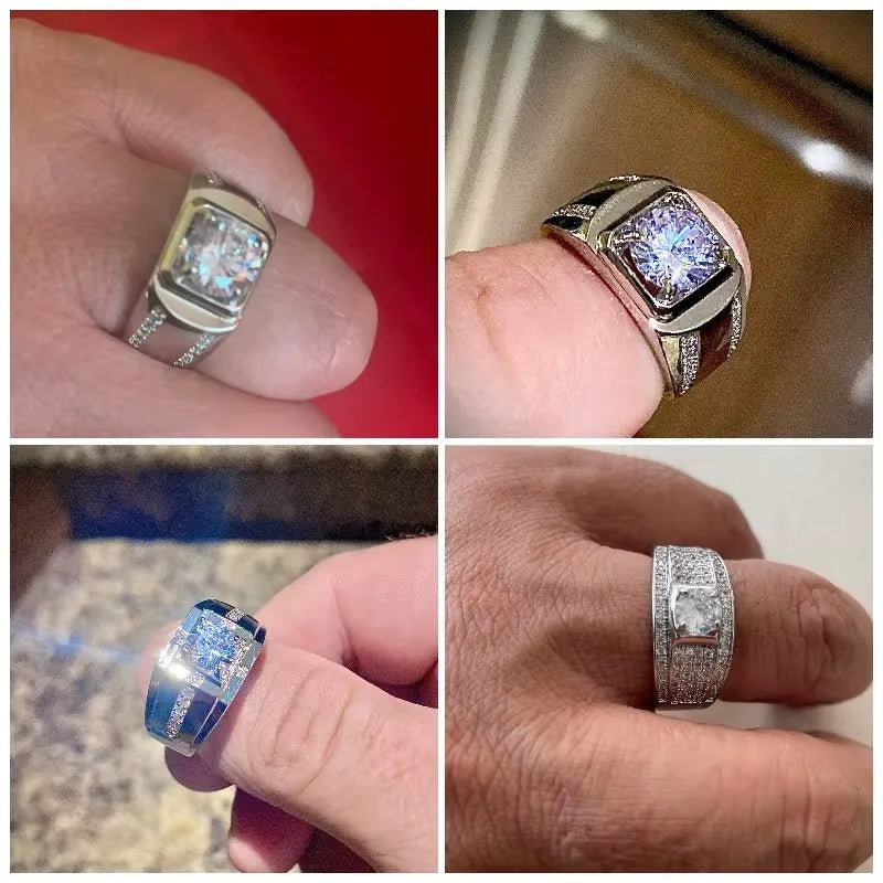 Huitan Luxury Silver Color Round Cubic Zircon Rings for Men Classic Wedding Ceremony Ring Dazzling Male Accessories Jewelry Hot