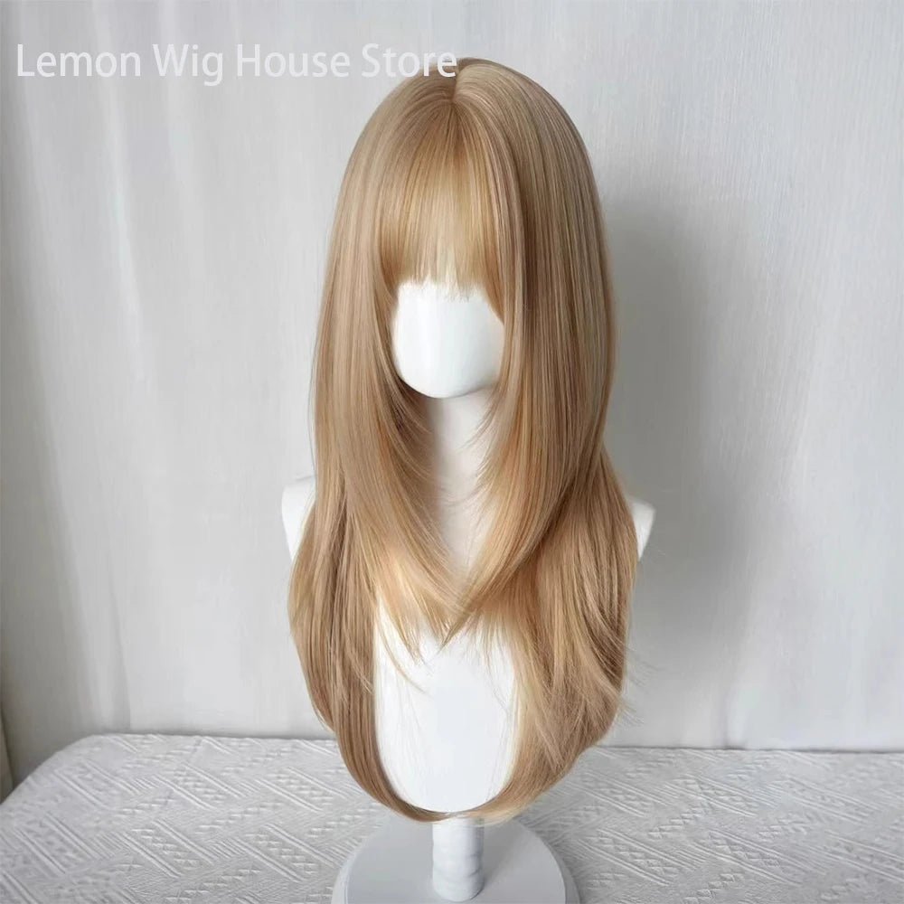 Flax Gold Synthetic Wig with Bangs Long Straight Hair High-Layered Lolita Wigs for Women's Daily Cosplay Wig Heat Resistant
