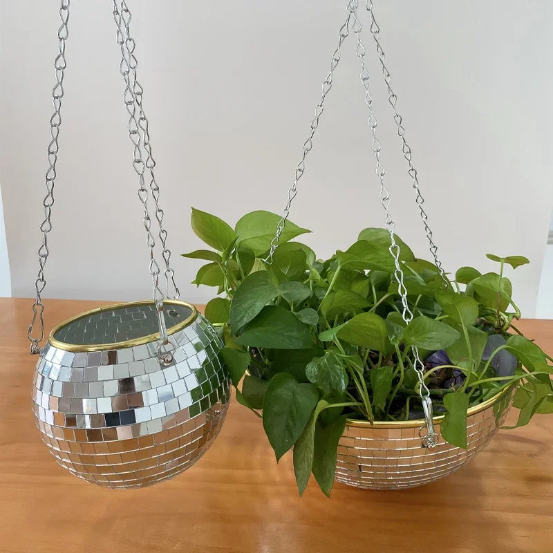 Disco Ball Hanging Flower Planter - Bohemian Rope Mirror Basket for Indoor Plants, Garden & Home Decor Vase