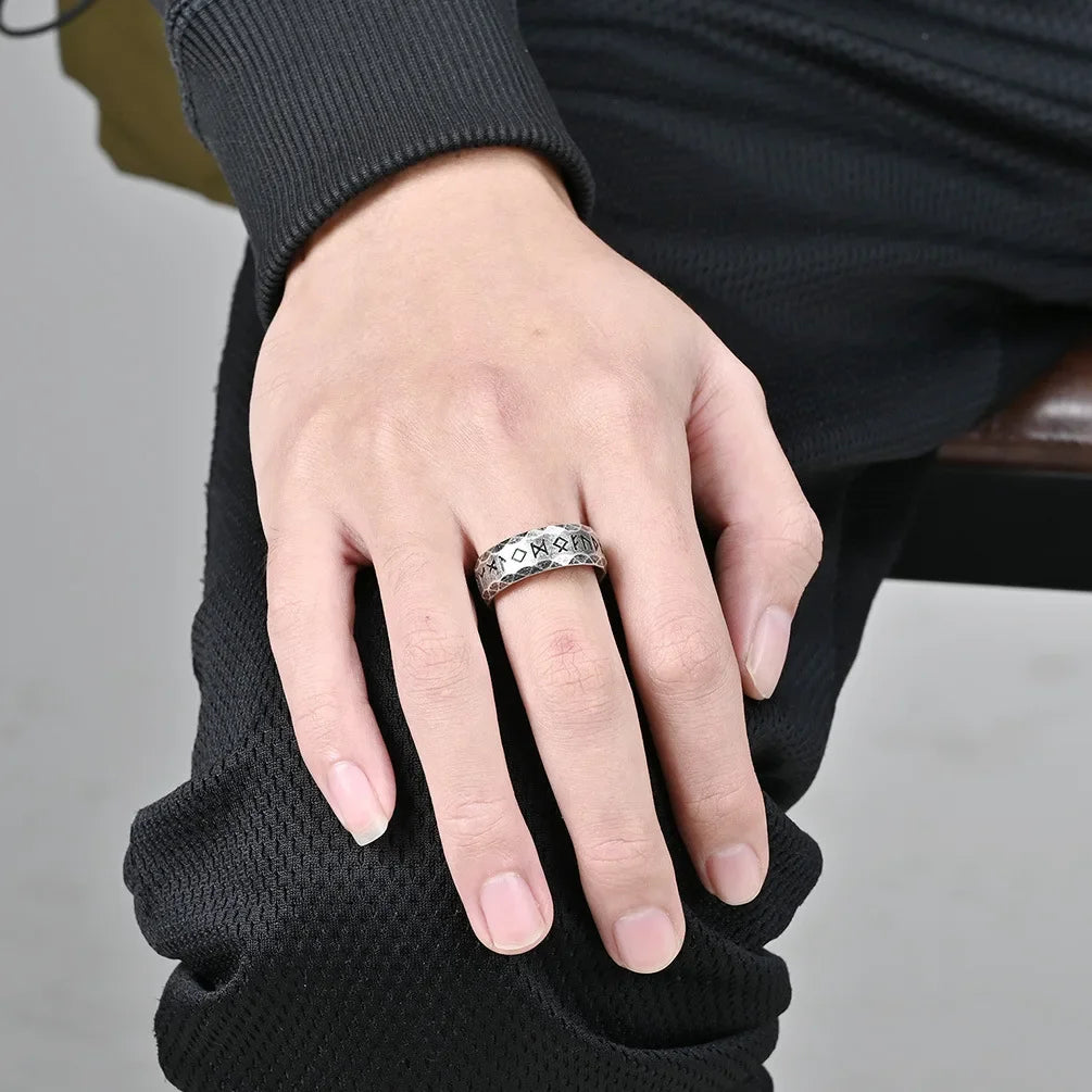 SUNFLOWERZHU Wholesale Men'S Stainless-Steel Rings Punk Viking Rune Men Rings Bevel Vintage Rings Silver Ring Jewelry For Man