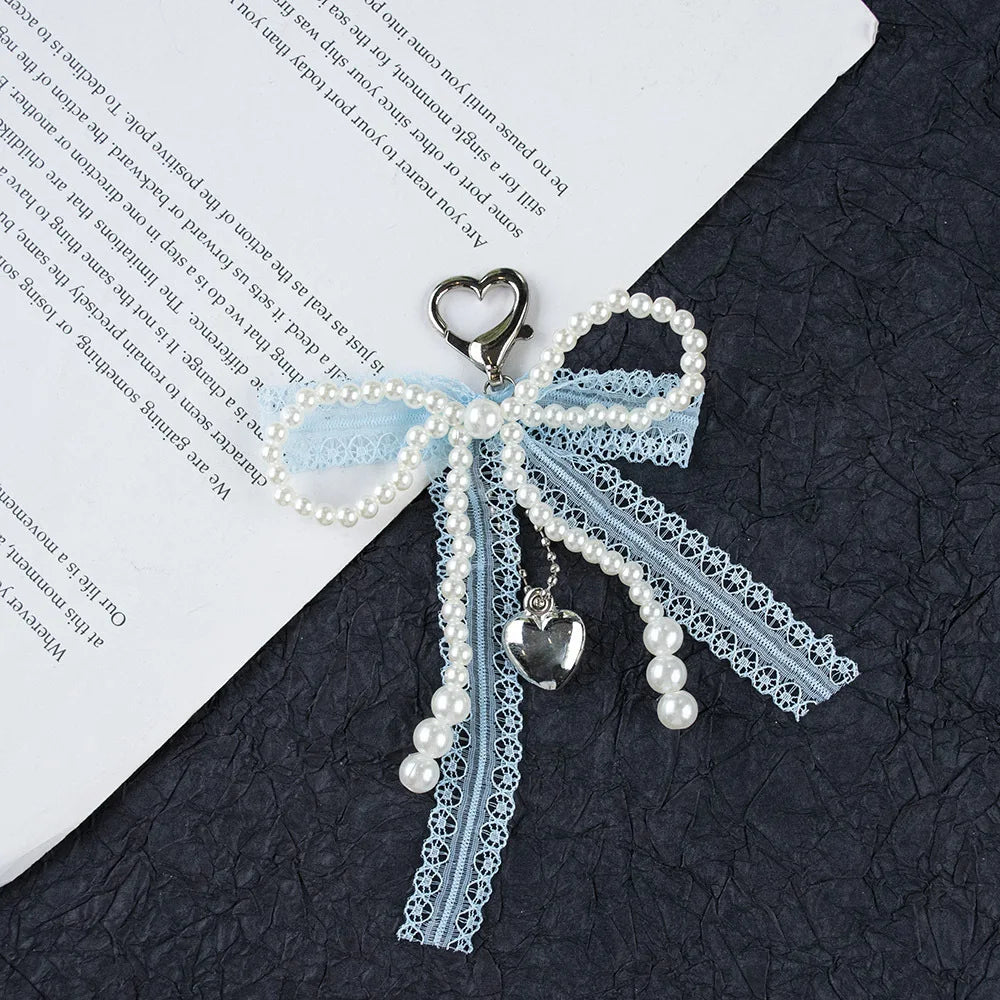 Y2k Imitation Pearls Lace Bowknot Keychain Sweet Beaded Pendant Keyring for Women Handbag and Backpack Key Chain Punk Ornament