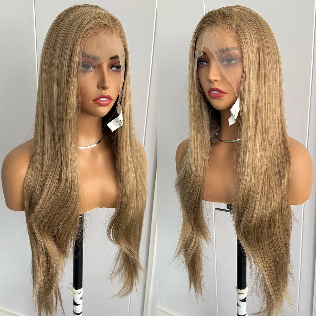 Blonde Highlights Lace Front Wig 13x4 Synthetic Long Silky Straight Wig for Women Mix Color Natural Looking Daily Wear Wigs